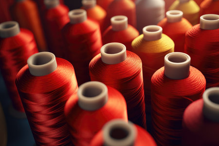 Red coils with threads in production, a set of threadsの素材