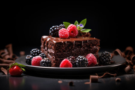 A piece of low-calorie chocolate cake with cream, raspberries and blackberriesの素材