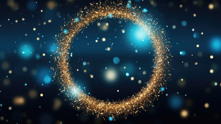 Banner with a round shiny gold frame on a blue background, abstract backgroundの素材