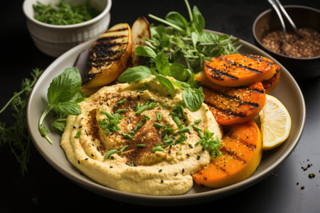 Hummus, baked sweet potatoes and pesto sauce in a plate with herbsの素材