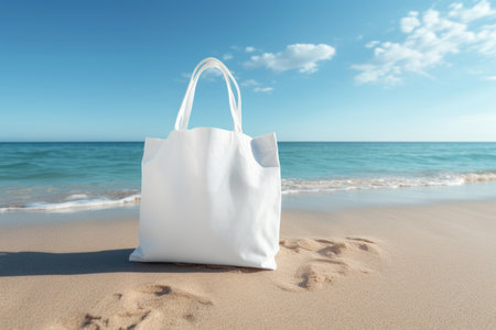 A white bag with handles stands on the beach on the sand. White bag layout, space for textの素材