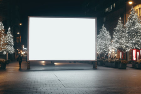 Layout of a banner and billboard in a night city decorated for Christmas, copy spaceの素材
