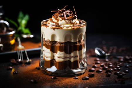 Tiramisu dessert in a glass glass with coffee beans and chocolateの素材