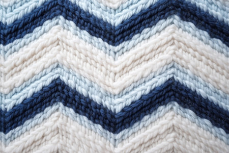 Banner with macro photography of the texture of a knitted pattern in close-up, white and blue colors, warm clothesの素材