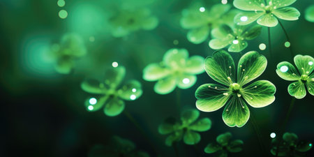 Green background with three-leaf shamrocks and drops of water, happy Irish four-leaf clover is a symbol of the St. Patrick's Day holiday.の素材