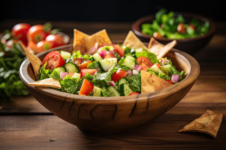 Arabic fattoush salad, Turkish fattoush with pita bread slices on a wooden background in a bowlの素材