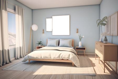 Interior of the minimalist bedroom with a wooden bed and mockup of posters or paintings on the wallの素材