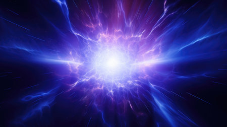 Abstract glowing purple effect with sparkling rays and white illumination, a flying trace from a meteoriteの素材