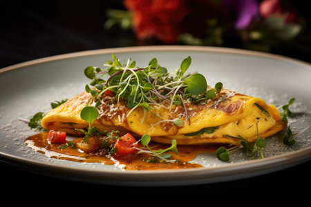 Omelet on a white plate with micro greenery, healthy breakfastの素材