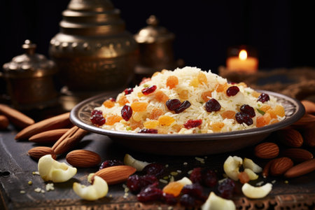Rice with dried fruits and nuts in a plateの素材