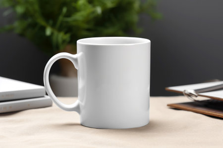 The layout of the white mug is on the table, a place for the textの素材