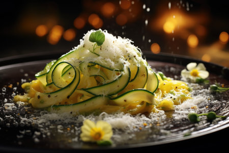 Zucchini pasta with cheese and garlic on a plateの素材