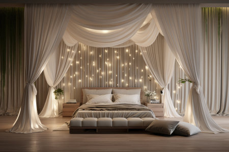 Bedroom with a bed, curtains around the perimeter and a high ceilingの素材