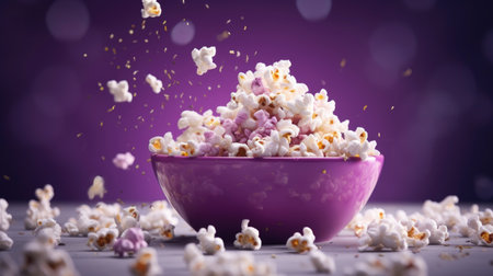 A plate of popcorn on a purple background, scattered popcorn on the tableの素材