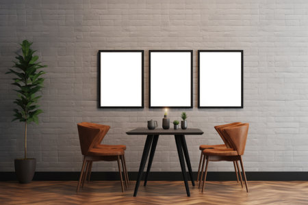 Layout of posters or framed paintings in the dining room with a wooden table and chairs, minimalismの素材