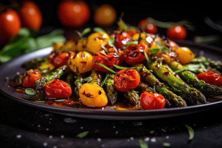 Baked asparagus with cherry tomatoes in a pan with rosemaryの素材