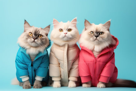 Three stylish cats in colored bombers are sitting on a blue backgroundの素材