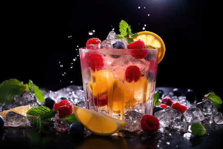 Colorful fruit cocktail with ice, lemon, berries and mint in the barの素材