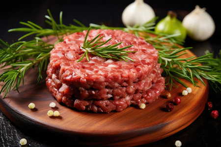 Fresh minced pork and beef, sprinkled with garlic, red pepper and rosemaryの素材