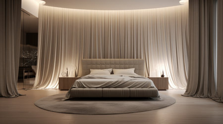 Bedroom with a bed, curtains around the perimeter and a high ceilingの素材