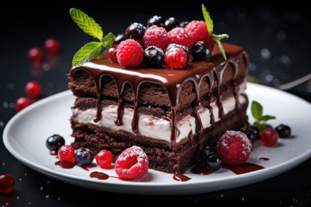A bunch of layered chocolate cake in icing with berriesの素材