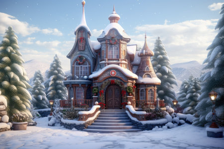 Fabulous Santa Claus house in the forest in winterの素材