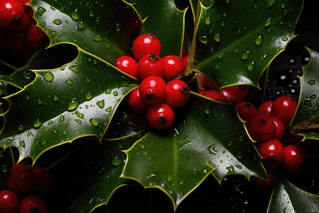 Holly bush with prickly leaves and red berries, a traditional Christmas ornamental plantの素材