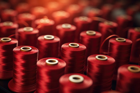 Red coils with threads in production, a set of threadsの素材