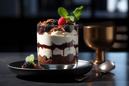 Dessert chocolate parfait with berries and cream in a glass glassの素材