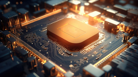 Detailed overview of PCB technology LED backlighting highlights the intricate details of microprocessor circuitsの素材