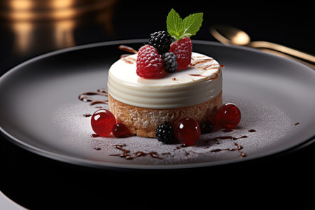 Dessert with cheesecakes decorated with strawberries in sauceの素材