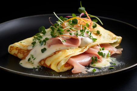 French pancakes with eggs, herbs and hamの素材