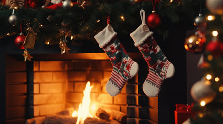 Christmas colorful socks are hanging on the fireplace, a fire is burning in the fireplaceの素材