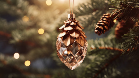 A Christmas tree toy in the form of a cone is hanging on the Christmas treeの素材