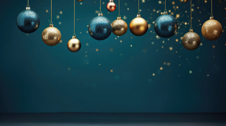 Christmas image with golden Christmas tree balls on a blue backgroundの素材
