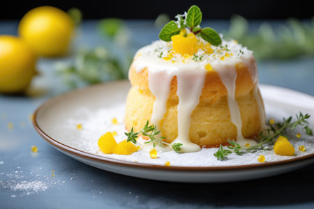 Delicate vanilla sponge cake with ricotta cream and lemon glaze with pieces of fruitの素材