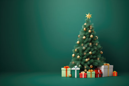 Christmas tree with gifts on a green background, greeting card, place for textの素材