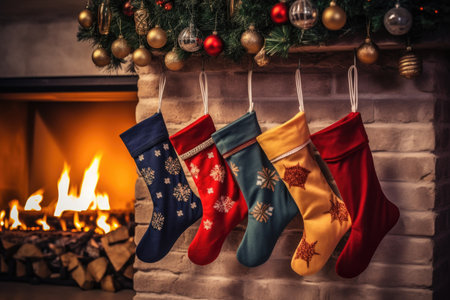 Christmas colorful socks are hanging on the fireplace, a fire is burning in the fireplaceの素材
