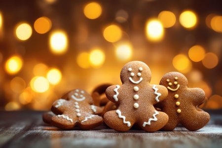 Cookies in the form of traditional gingerbread men on the background of Christmas lights bokehの素材