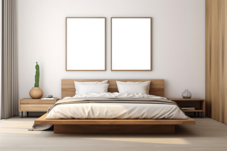 Bedroom interior with wooden bed and mock-ups of paintings on the wallの素材
