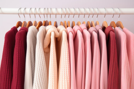 Cozy comfortable pink fashionable wardrobe, knitted cardigans hanging on a hanger on a white backgroundの素材