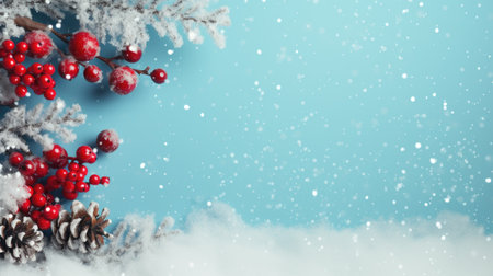 Banner with a background blue Christmas image, red berries and conesの素材