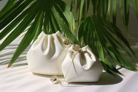 A mock-up of a white fabric bag for jewelry and costume jewelry with costume jewelry on a background of paparazzi leaves, highlighted on a white backgroundの素材