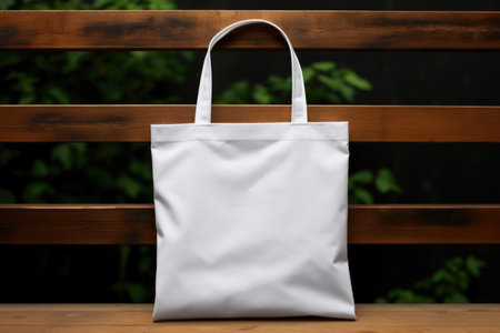 Mock-up of a white cloth bag on a wooden background, recyclable productsの素材