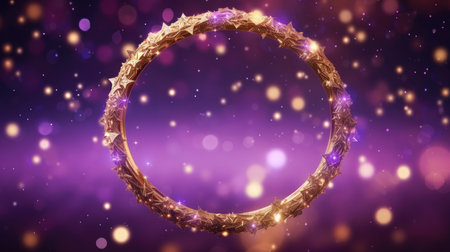 Purple and gold glitter of the contour of the round frame, a magical glowの素材