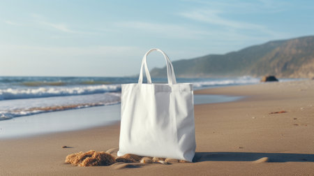 A white bag with handles stands on the beach on the sand. White bag layout, space for textの素材