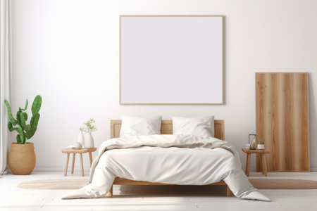 The interior of a bedroom with a Scandinavian-style bed with a frame layout on the wall, a place for textの素材