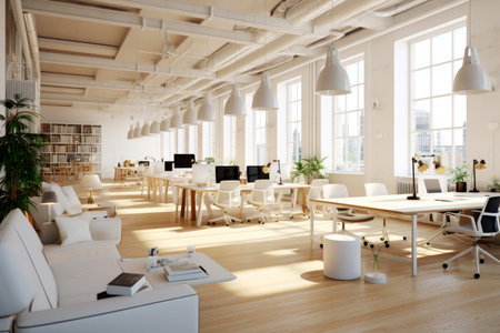 The interior of the workplace in a white coworking with computersの素材