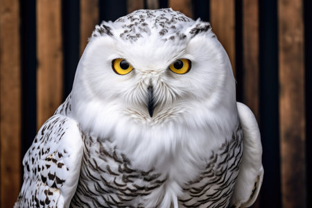 Portrait of a snowy owl, Bubo scandiacus is a large white owl from the typical owl family.の素材