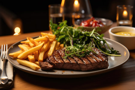 Steak with French fries and green lettuce leaves, restaurant kitchenの素材